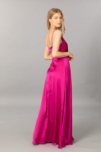 Fuchsia Green Satin V Neck Cascading Ruffle Maxi Dress