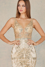 Champagne Deep V Neck Glitter Print Trumpet Dress