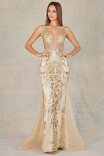 Champagne Deep V Neck Glitter Print Trumpet Dress