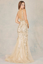 Champagne Deep V Neck Glitter Print Trumpet Dress