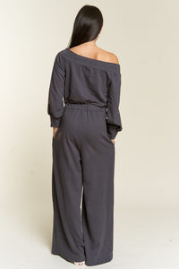 Dark Gray One Shoulder Terry Jumpsuit
