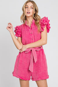 Fuchsia Mineral Wash Ruffle Sleeve Tie Waist Romper