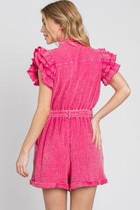 Fuchsia Mineral Wash Ruffle Sleeve Tie Waist Romper