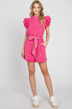 Fuchsia Mineral Wash Ruffle Sleeve Tie Waist Romper