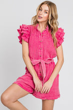 Fuchsia Mineral Wash Ruffle Sleeve Tie Waist Romper