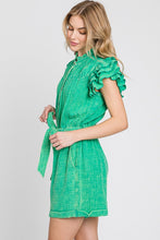 Green Mineral Wash Ruffle Sleeve Tie Waist Romper