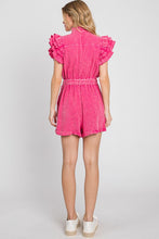 Fuchsia Mineral Wash Ruffle Sleeve Tie Waist Romper