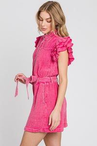 Fuchsia Mineral Wash Ruffle Sleeve Tie Waist Romper