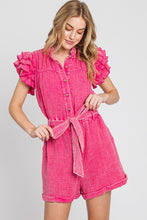 Fuchsia Mineral Wash Ruffle Sleeve Tie Waist Romper