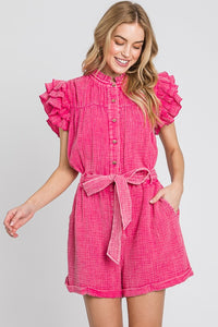 Fuchsia Mineral Wash Ruffle Sleeve Tie Waist Romper