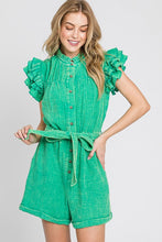 Green Mineral Wash Ruffle Sleeve Tie Waist Romper