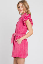 Fuchsia Mineral Wash Ruffle Sleeve Tie Waist Romper