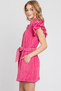 Fuchsia Mineral Wash Ruffle Sleeve Tie Waist Romper