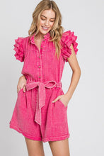 Fuchsia Mineral Wash Ruffle Sleeve Tie Waist Romper