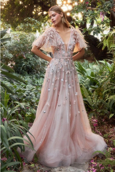 Blush Petal Embellished Ruffle Sleeve Gown