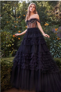 Black Rhinestone Corset Ruffle Gown