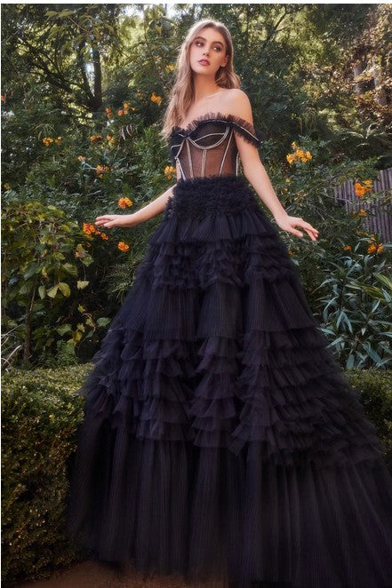 Black Rhinestone Corset Ruffle Gown