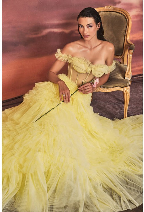 Yellow Rhinestone Corset Ruffle Gown