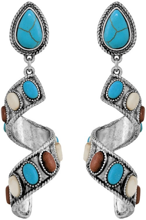 Multi Western Textured Gemstone Spiral Dangling Earring