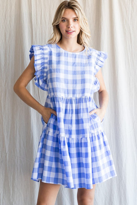 Powder Blue Gingham-Check Ruffled Shoulder Dress