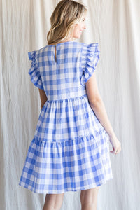 Powder Blue Gingham-Check Ruffled Shoulder Dress