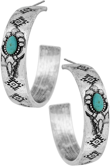 Turquoise Western Aztec Longhorn Gemstone Hoop Earring