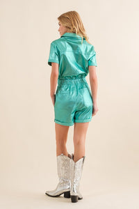 Metallic Mint Stretch Faux Leather Romper