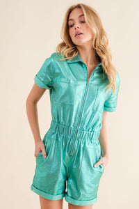 Metallic Mint Stretch Faux Leather Romper
