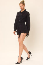 Washed Black Distressed Hem Color Longsleeve Denim Romper