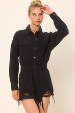 Washed Black Distressed Hem Color Longsleeve Denim Romper
