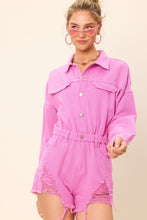 Rose Bloom Distressed Hem Color Longsleeve Denim Romper