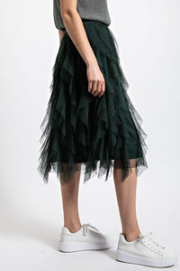 Hunter Green Embellished Tulle Layered Midi Skirts