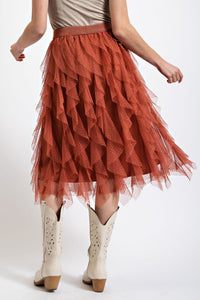 Rust Embellished Tulle Layered Midi Skirts