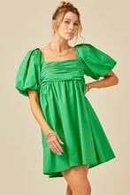 Green Puff Sleeve Ruched Bodice Open Back Dress