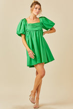Green Puff Sleeve Ruched Bodice Open Back Dress