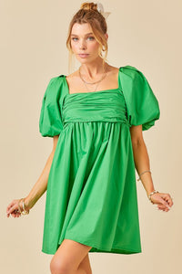 Green Puff Sleeve Ruched Bodice Open Back Dress