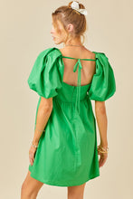 Green Puff Sleeve Ruched Bodice Open Back Dress