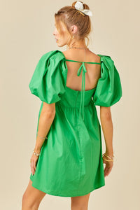 Green Puff Sleeve Ruched Bodice Open Back Dress