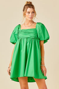 Green Puff Sleeve Ruched Bodice Open Back Dress