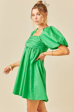 Green Puff Sleeve Ruched Bodice Open Back Dress