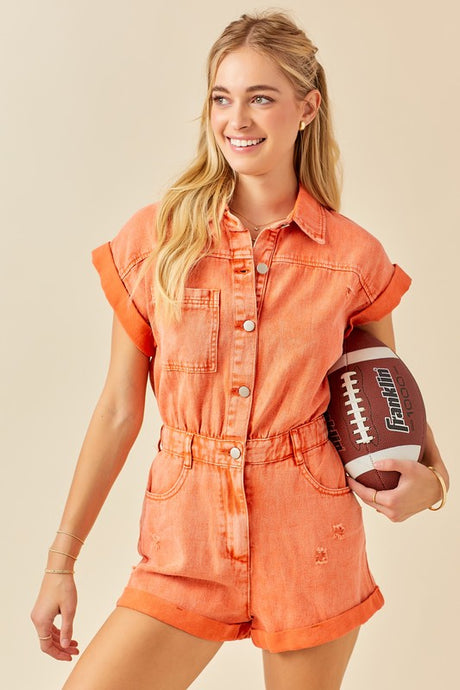 Washed Tangerine Distressed Colored Denim Romper With Folded Hem