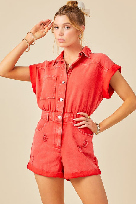 Washed Red Distressed Colored Denim Romper With Folded Hem