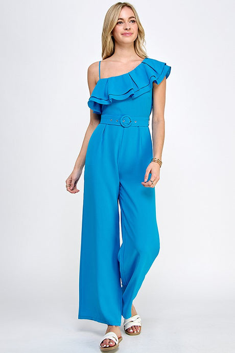 Cerulean Blue Ruffle One Shoulder Jumpsuit With Belt