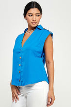 Cerulean Blue Sleeveless Top With Collar And Button Placket