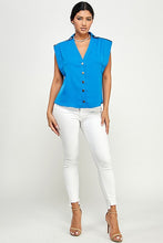 Cerulean Blue Sleeveless Top With Collar And Button Placket