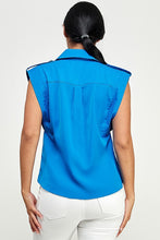 Cerulean Blue Sleeveless Top With Collar And Button Placket