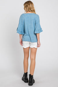 Steel Blue Mineral wash tulip sleeve top- MADE IN USA.