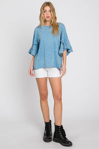 Steel Blue Mineral wash tulip sleeve top- MADE IN USA.