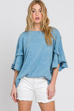 Steel Blue Mineral wash tulip sleeve top- MADE IN USA.