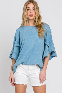 Steel Blue Mineral wash tulip sleeve top- MADE IN USA.